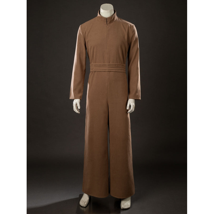 Yoda Master cosplay costume gathers at the waist with a structured belt and follows a clean silhouette in brushed cotton.