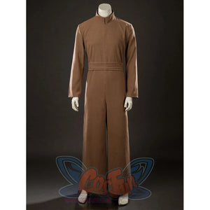 Yoda Master cosplay costume gathers at the waist with a structured belt and follows a clean silhouette in brushed cotton.