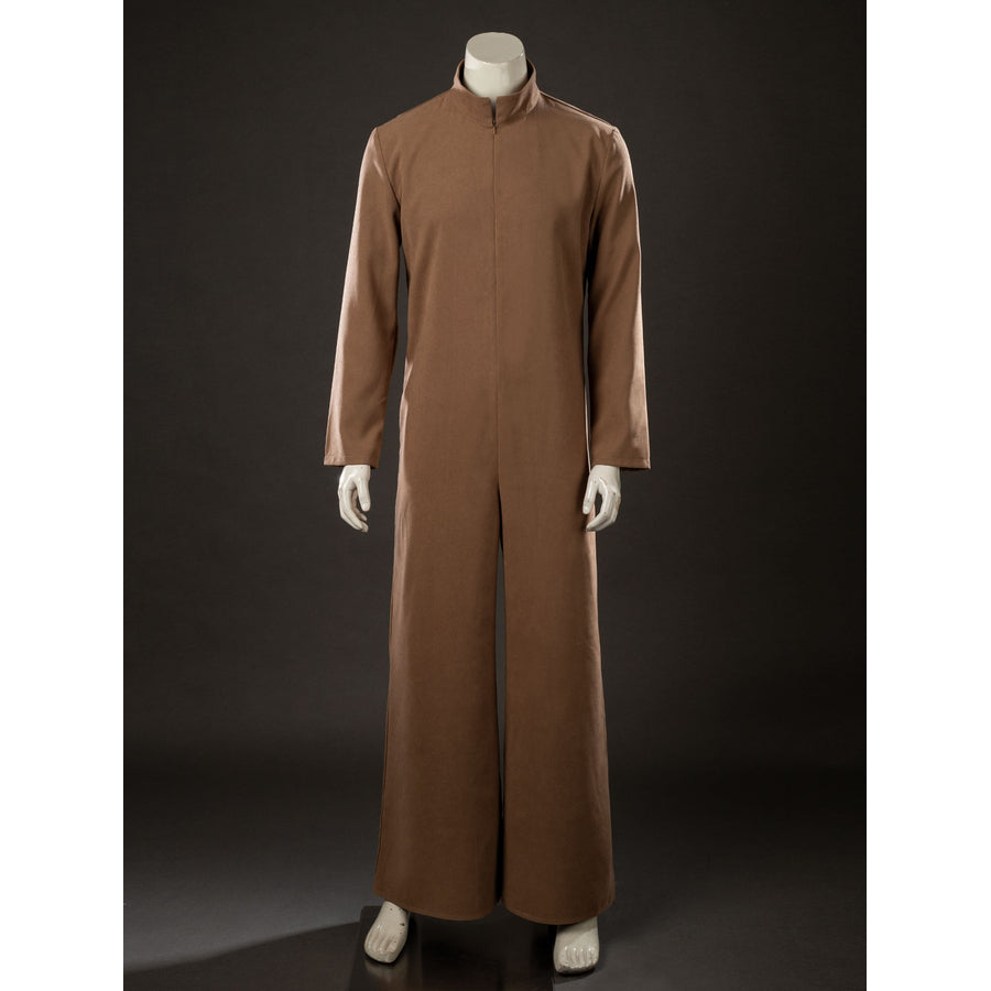 Yoda Master cosplay costume consists of a long sleeve brown jumpsuit crafted from brushed cotton with a high standing collar.