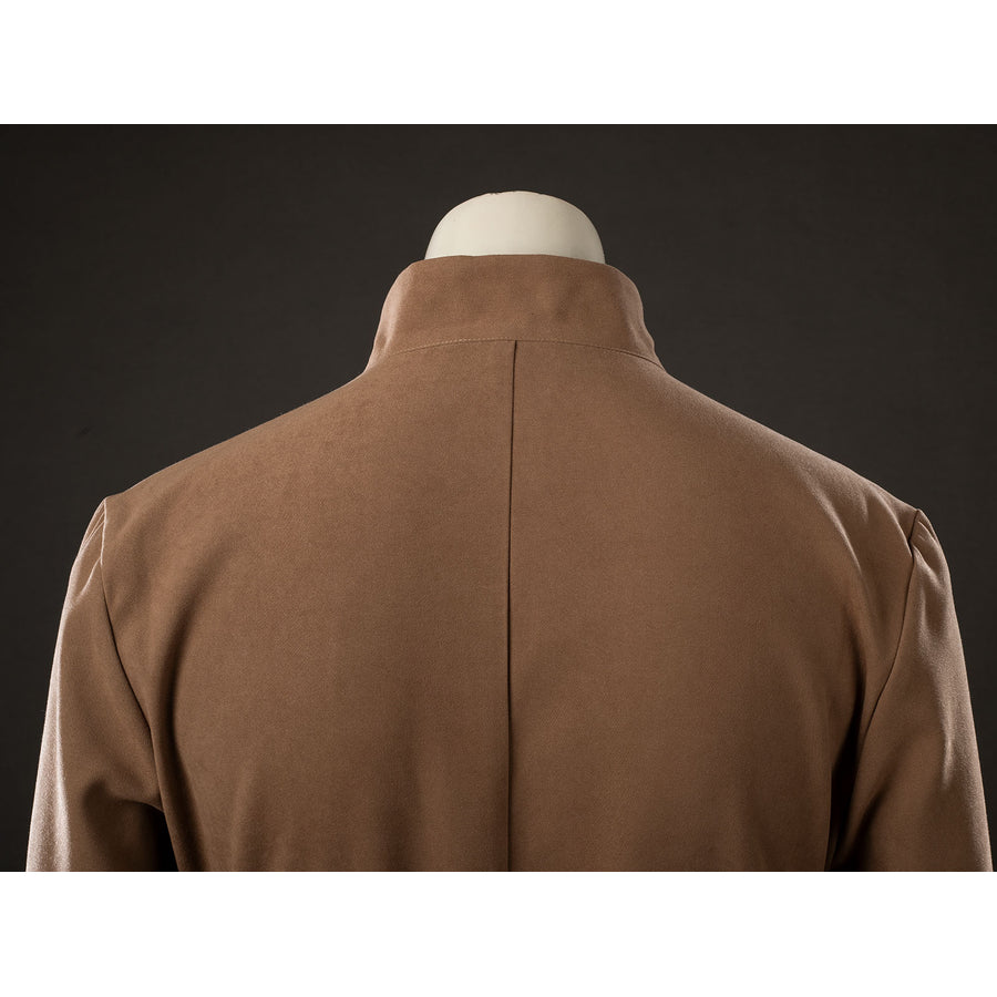 Yoda Master cosplay costume traces the structured back seams of the brushed cotton outer robe along the high neck collar.