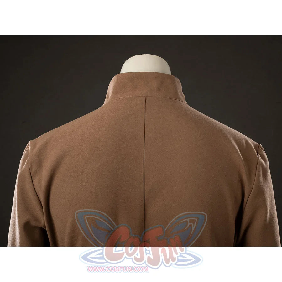 Yoda Master cosplay costume traces the structured back seams of the brushed cotton outer robe along the high neck collar.