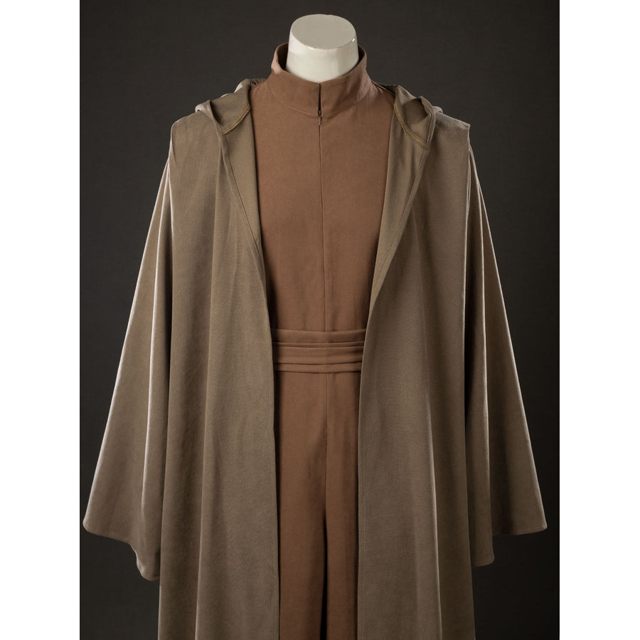 Yoda Master cosplay costume layers a long hooded robe over a simple brown jumpsuit and matching waist belt for outfit.