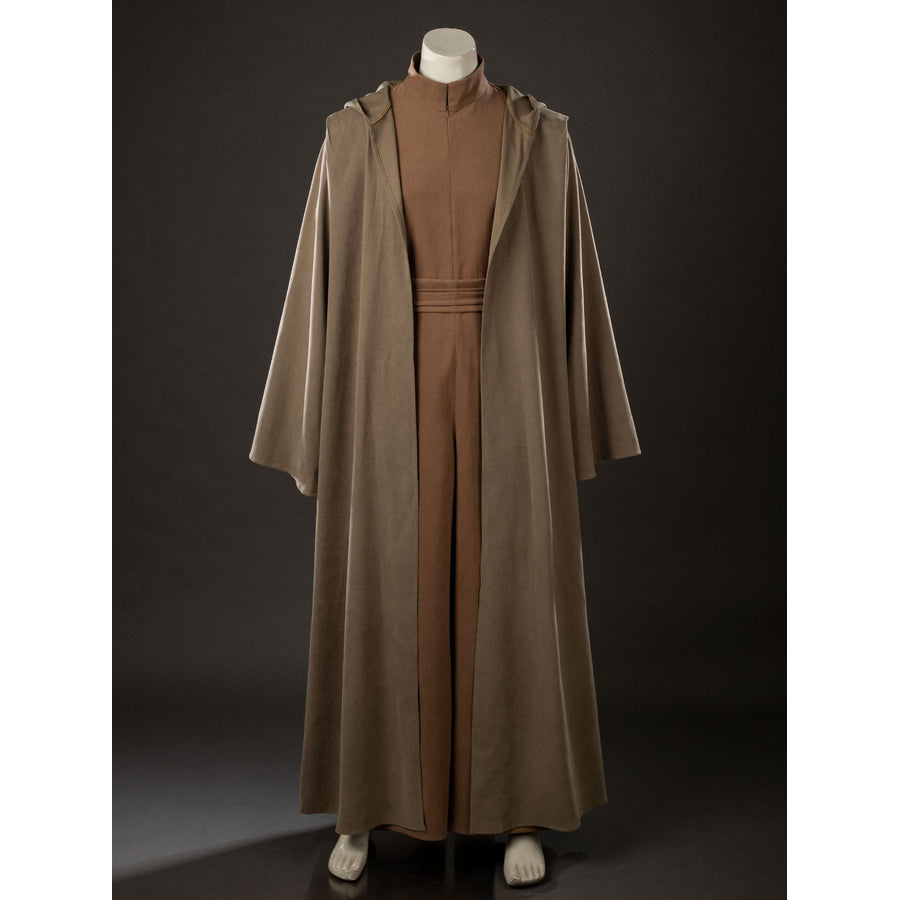 Yoda Master cosplay costume layers a brown hooded outer robe over a high-neck jumpsuit to complete the full character set.