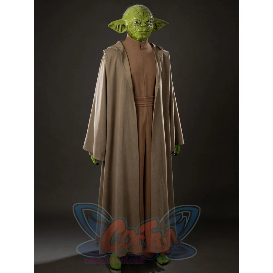 COSFUN Yoda Master cosplay costume layers a long hooded robe over a simple jumpsuit and includes a textured green latex headpiece.