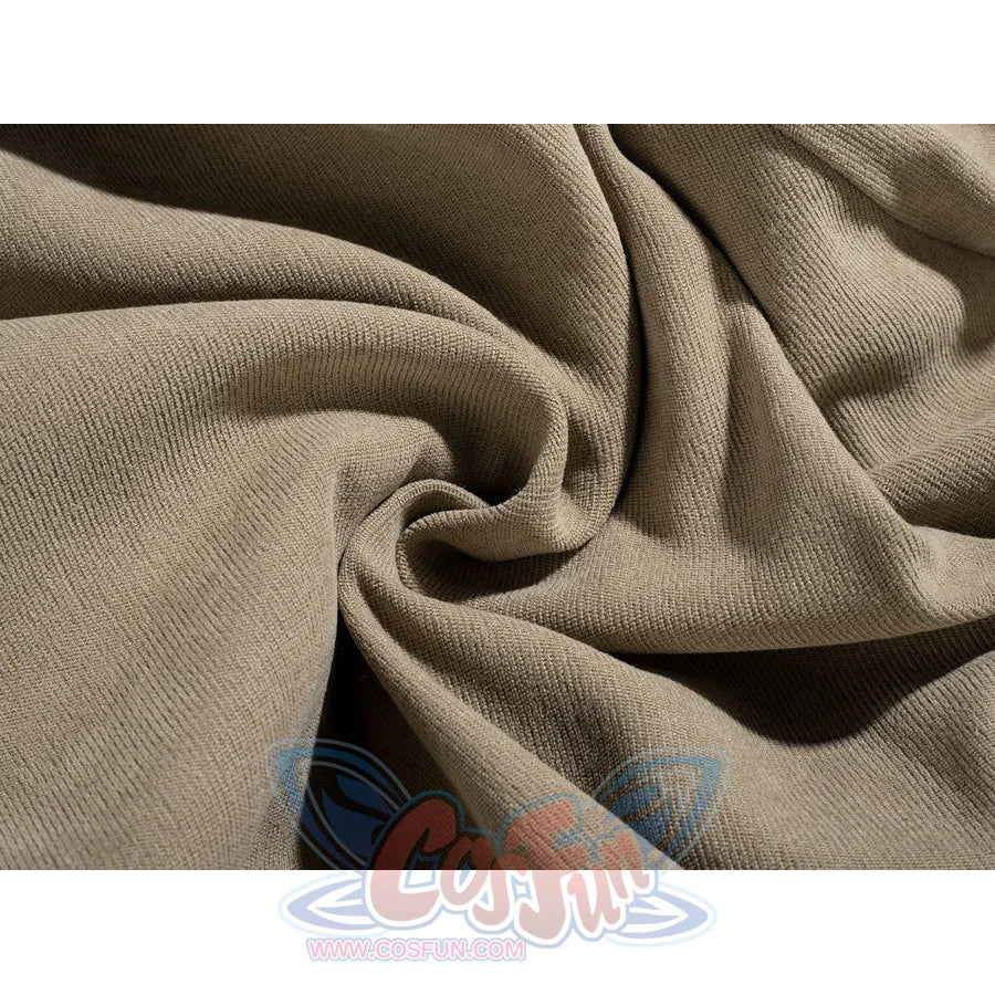 Yoda Master cosplay costume layers soft beige knit fabric in deep flowing folds to frames the texture of the material.