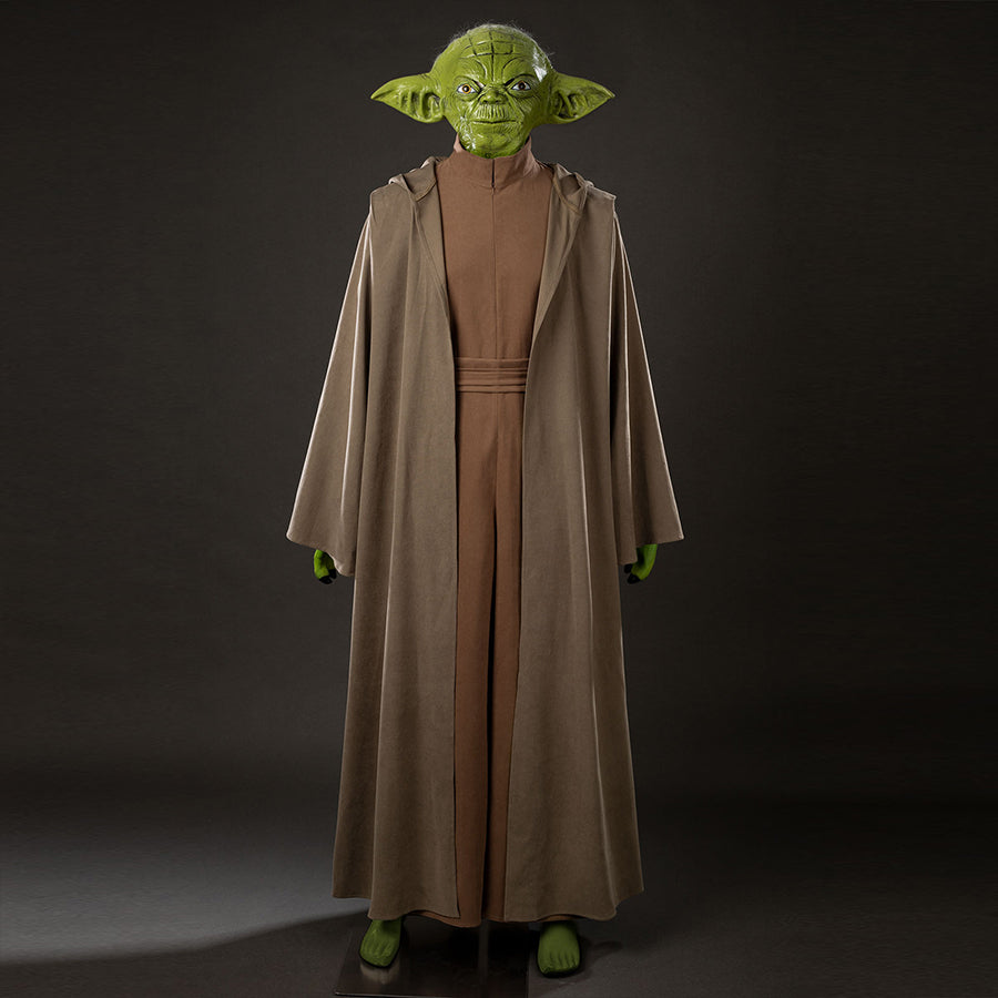 COSFUN Yoda Master cosplay costume layers a long hooded robe over a simple jumpsuit and includes a textured green latex headpiece.