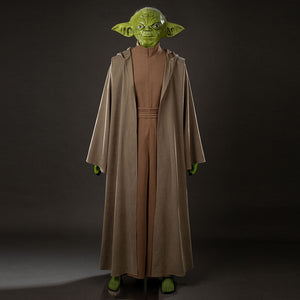 COSFUN Yoda Master cosplay costume layers a long hooded robe over a simple jumpsuit and includes a textured green latex headpiece.