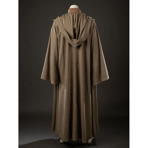 Yoda Master cosplay costume gathers soft knit fabric into a long flowing back panel that accentuates the attached hood.