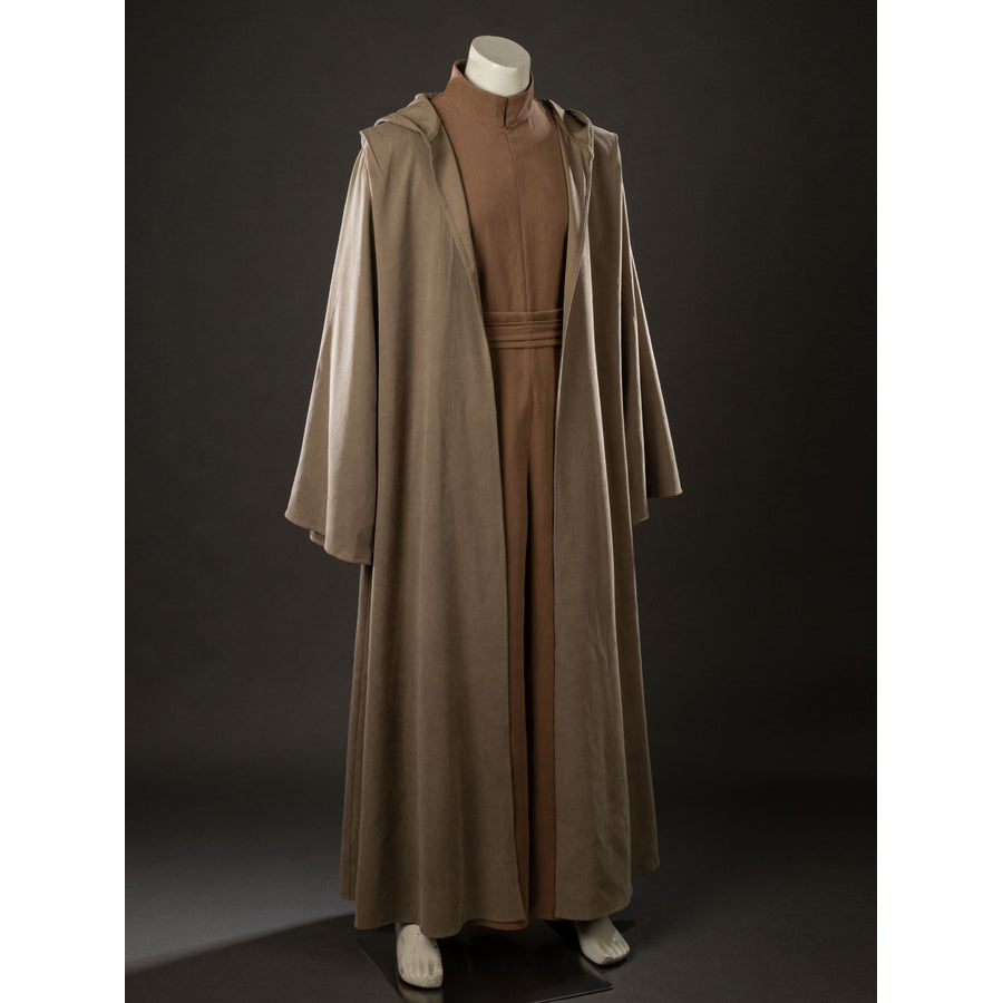 Yoda Master cosplay costume layers a long hooded outer robe over a brown jumpsuit with a wide matching fabric belt detail.