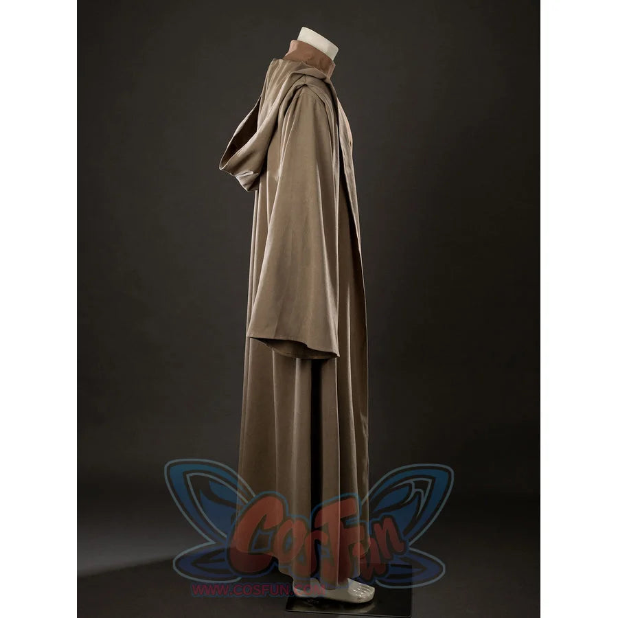 Yoda Master cosplay costume layers a long brown hooded outer robe with wide sleeves over a soft knit jumpsuit and belt.