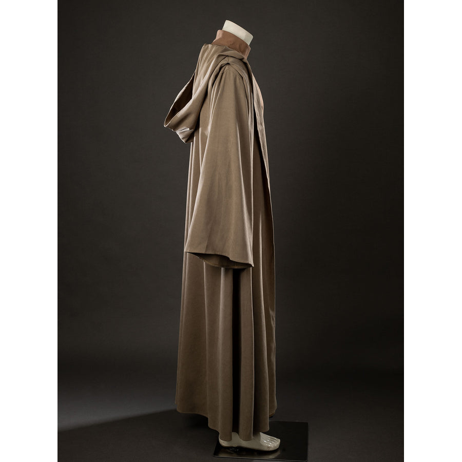 Yoda Master cosplay costume layers a long brown hooded outer robe with wide sleeves over a soft knit jumpsuit and belt.