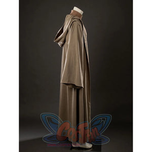 Yoda Master cosplay costume layers a long brown hooded outer robe with wide sleeves over a soft knit jumpsuit and belt.