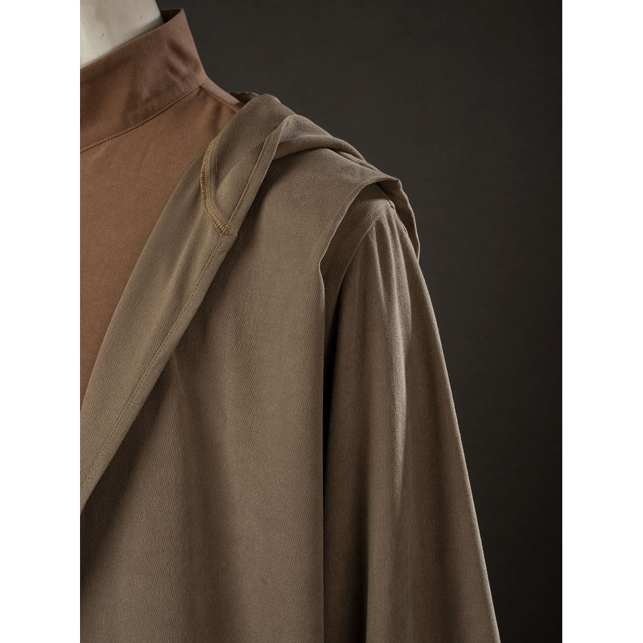Yoda Master cosplay costume layers a textured brown knit outer robe over a matching brushed cotton tunic neck piece.
