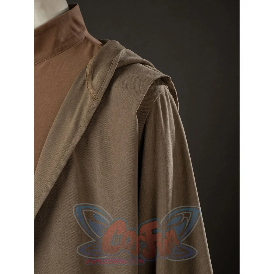 Yoda Master cosplay costume layers a textured brown knit outer robe over a matching brushed cotton tunic neck piece.