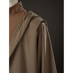 Yoda Master cosplay costume layers a textured brown knit outer robe over a matching brushed cotton tunic neck piece.