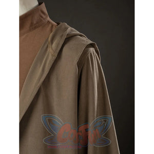 Yoda Master cosplay costume layers a textured brown knit outer robe over a matching brushed cotton tunic neck piece.