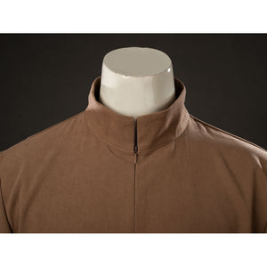 Yoda Master cosplay costume frames the soft brushed cotton high collar neckline with a center zipper closure detail.