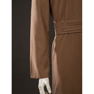 Yoda Master cosplay costume gathers soft knit fabric at the midsection to define the wrapped waist of the brown tunic.