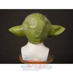 Yoda Master cosplay headpiece and claws curves around the cranium while highlighting soft wispy hair and green texture.