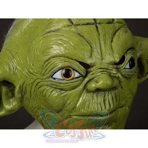 Yoda Master cosplay headpiece and claws curve across wrinkled green latex facial pairs with realistic gold-tone eyes.