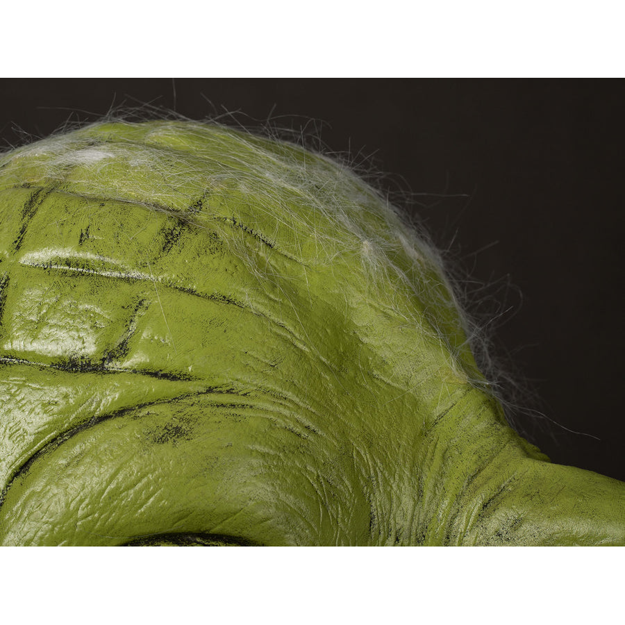 Yoda Master cosplay headpiece and claws curves with realistic weathered skin textures and sparse white hair detailing.