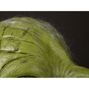 Yoda Master cosplay headpiece and claws curves with realistic weathered skin textures and sparse white hair detailing.
