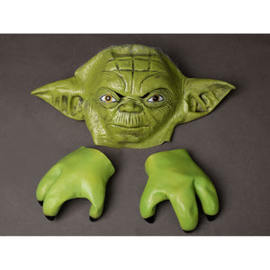Yoda Master cosplay headpiece and claws curve across the space with textured green skin patterns and distinct clawed tips.