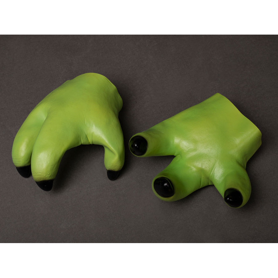 Yoda Master cosplay headpiece and claws curve around with green latex skin and glossy black fingernail details.