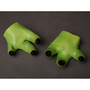 Yoda Master cosplay headpiece and claws curve into three-fingered green latex shapes finished with round black tips.