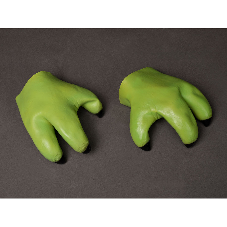 Yoda Master cosplay headpiece and claws curve into three green finger shapes that end in pointed dark synthetic nail tips.