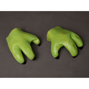 Yoda Master cosplay headpiece and claws curve into three green finger shapes that end in pointed dark synthetic nail tips.