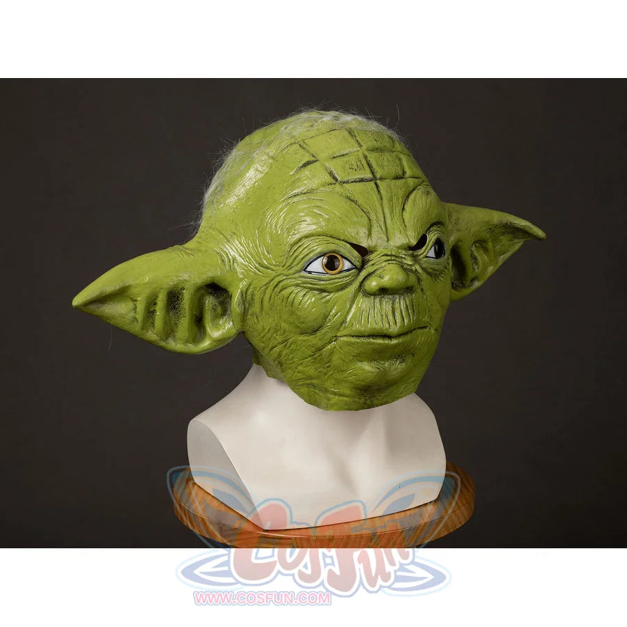 Yoda Master cosplay headpiece and claws capture the textured green latex skin with large pointed ears and sharp eyes.
