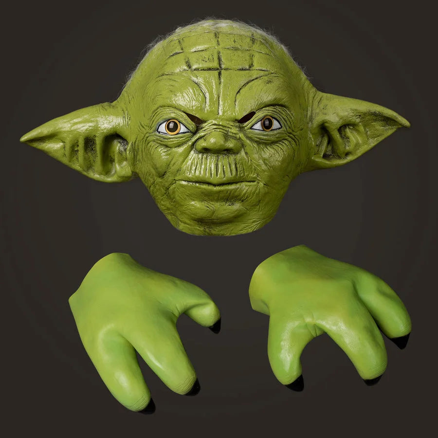COSFUN Yoda Master cosplay headpiece and claws curve with detailed green latex skin textures and sharp pointed pairs.
