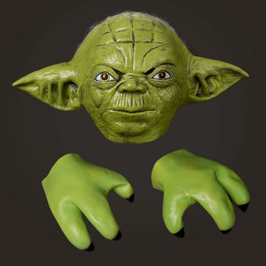 COSFUN Yoda Master cosplay headpiece and claws curve with detailed green latex skin textures and sharp pointed pairs.