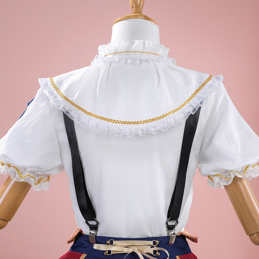 1883 Science and Medium Yongchu Taffy cosplay costume anchors gold-tone trim along the ruffled white shirt shoulder layers.