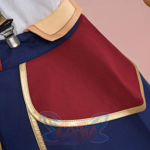 1883 Science and Medium Yongchu Taffy cosplay costume white shirt blue skirt red patch gold-tone trim metal suspender clip.