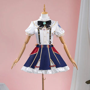 COSFUN 1883 Science and Medium Yongchu Taffy cosplay costume sets a white ruffled shirt above a blue and red pleated skirt.