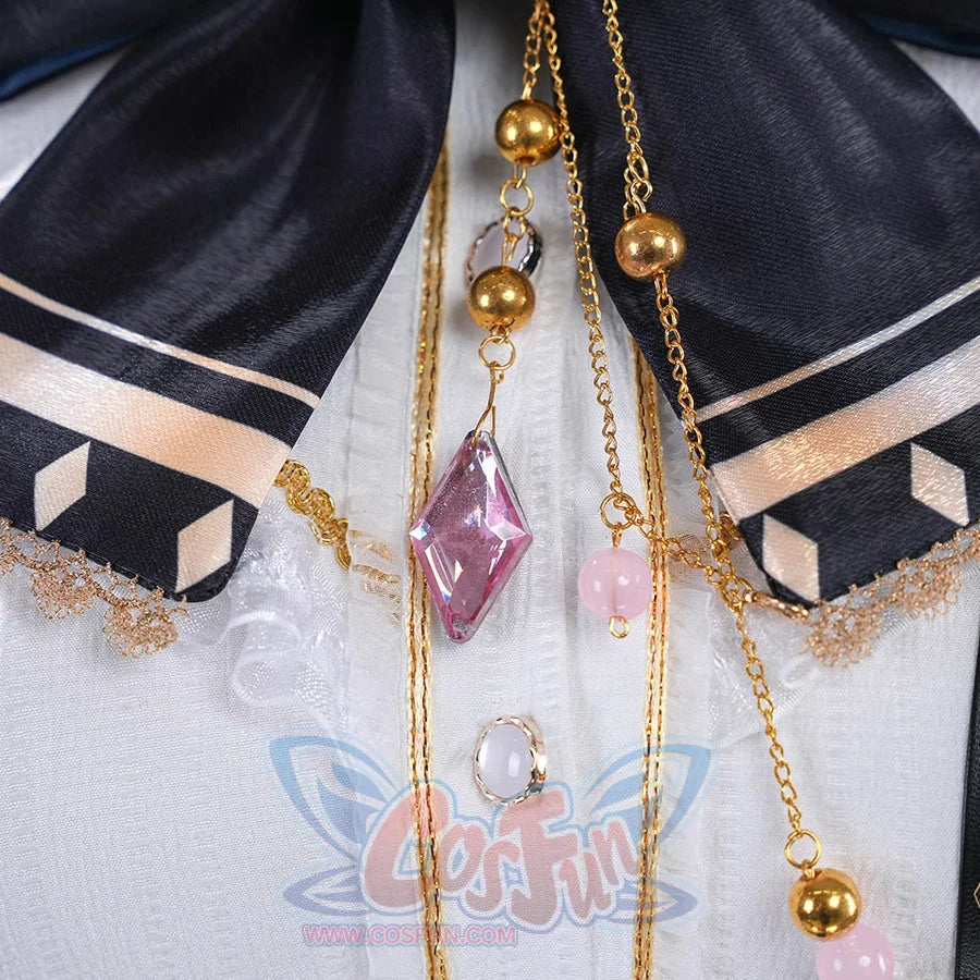 1883 Science and Medium Yongchu Taffy cosplay costume shirt sets bow anchored by gold-tone chains and pink gem-like accents.