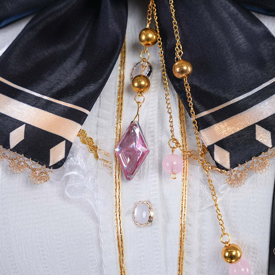 1883 Science and Medium Yongchu Taffy cosplay costume shirt sets bow anchored by gold-tone chains and pink gem-like accents.
