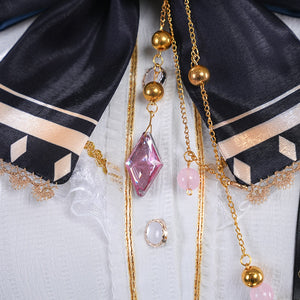 1883 Science and Medium Yongchu Taffy cosplay costume shirt sets bow anchored by gold-tone chains and pink gem-like accents.