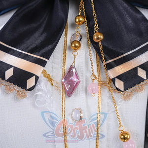 1883 Science and Medium Yongchu Taffy cosplay costume shirt sets bow anchored by gold-tone chains and pink gem-like accents.