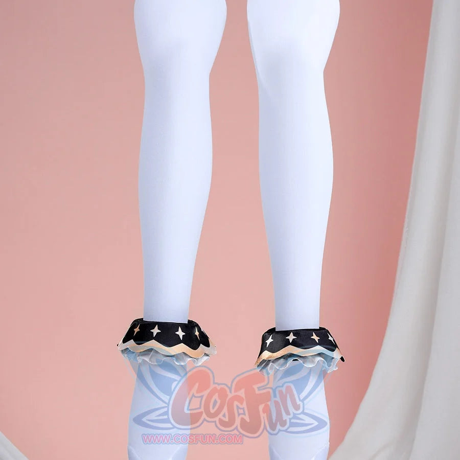 1883 Science and Medium Yongchu Taffy cosplay costume anchors white socks under ruffled black ankle rings beside star prints.
