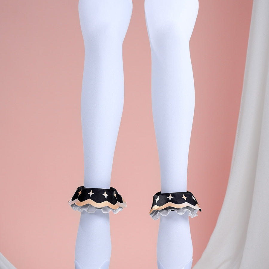 1883 Science and Medium Yongchu Taffy cosplay costume anchors white socks under ruffled black ankle rings beside star prints.