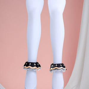 1883 Science and Medium Yongchu Taffy cosplay costume anchors white socks under ruffled black ankle rings beside star prints.