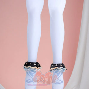 1883 Science and Medium Yongchu Taffy cosplay costume anchors white socks under ruffled black ankle rings beside star prints.