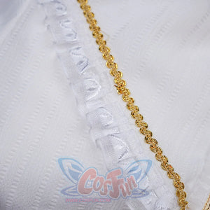 1883 Science and Medium Yongchu Taffy cosplay costume captures textured white fabric gathered beneath gold-tone trim.