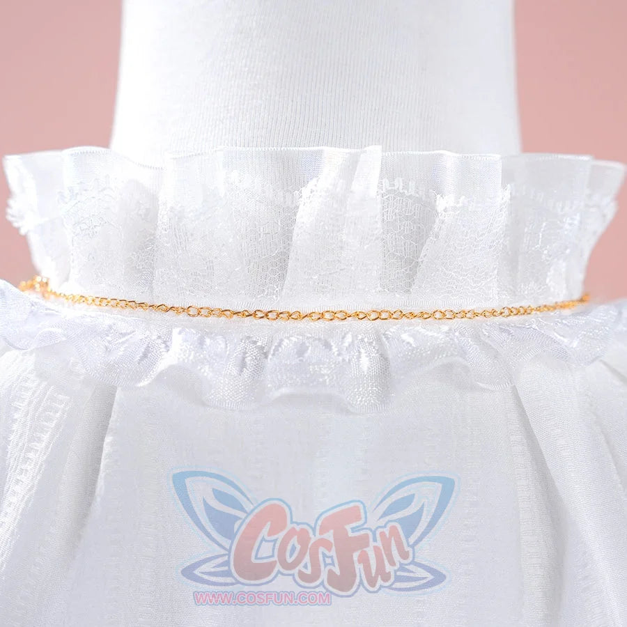 1883 Science and Medium Yongchu Taffy cosplay costume layers white ruffled lace fabric along neckline and gold-tone chain.