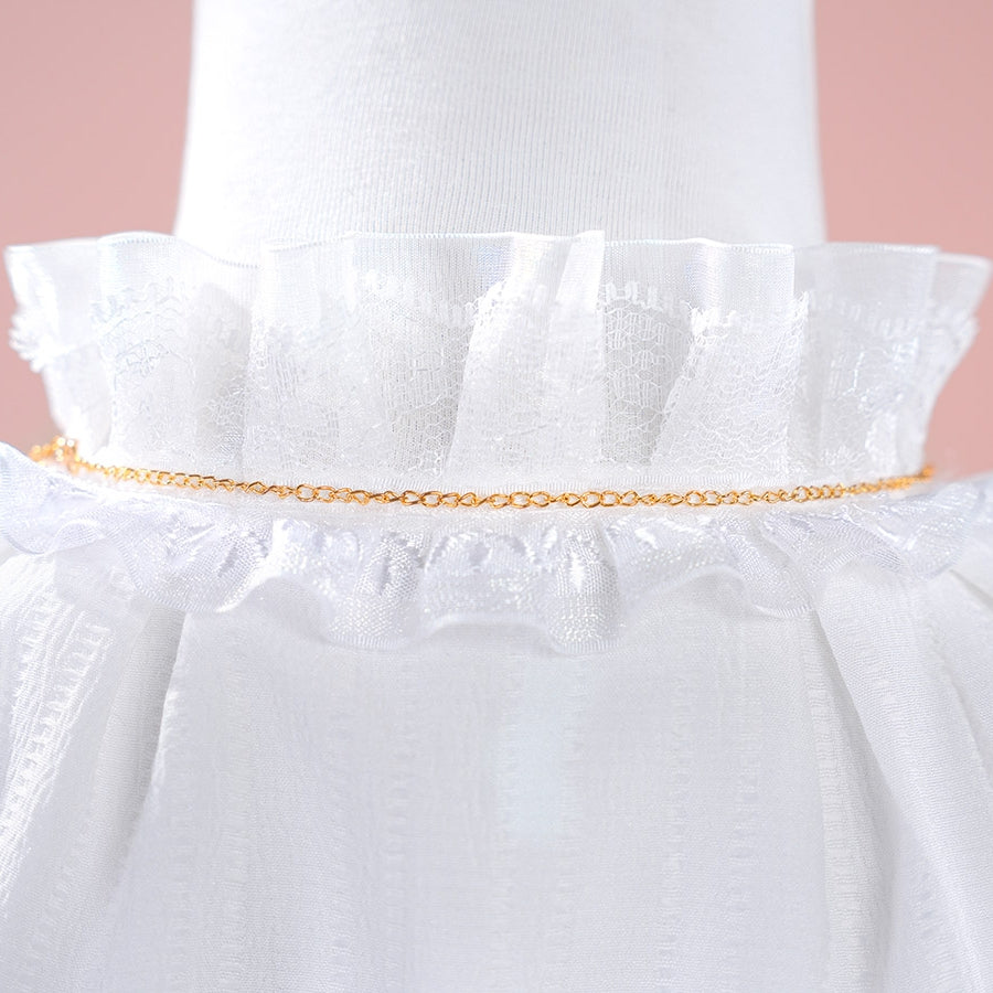 1883 Science and Medium Yongchu Taffy cosplay costume layers white ruffled lace fabric along neckline and gold-tone chain.