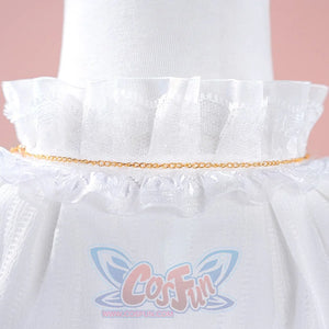 1883 Science and Medium Yongchu Taffy cosplay costume layers white ruffled lace fabric along neckline and gold-tone chain.