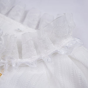 1883 Science and Medium Yongchu Taffy cosplay costume shirt captures delicate white lace frill trim on textured fabric.